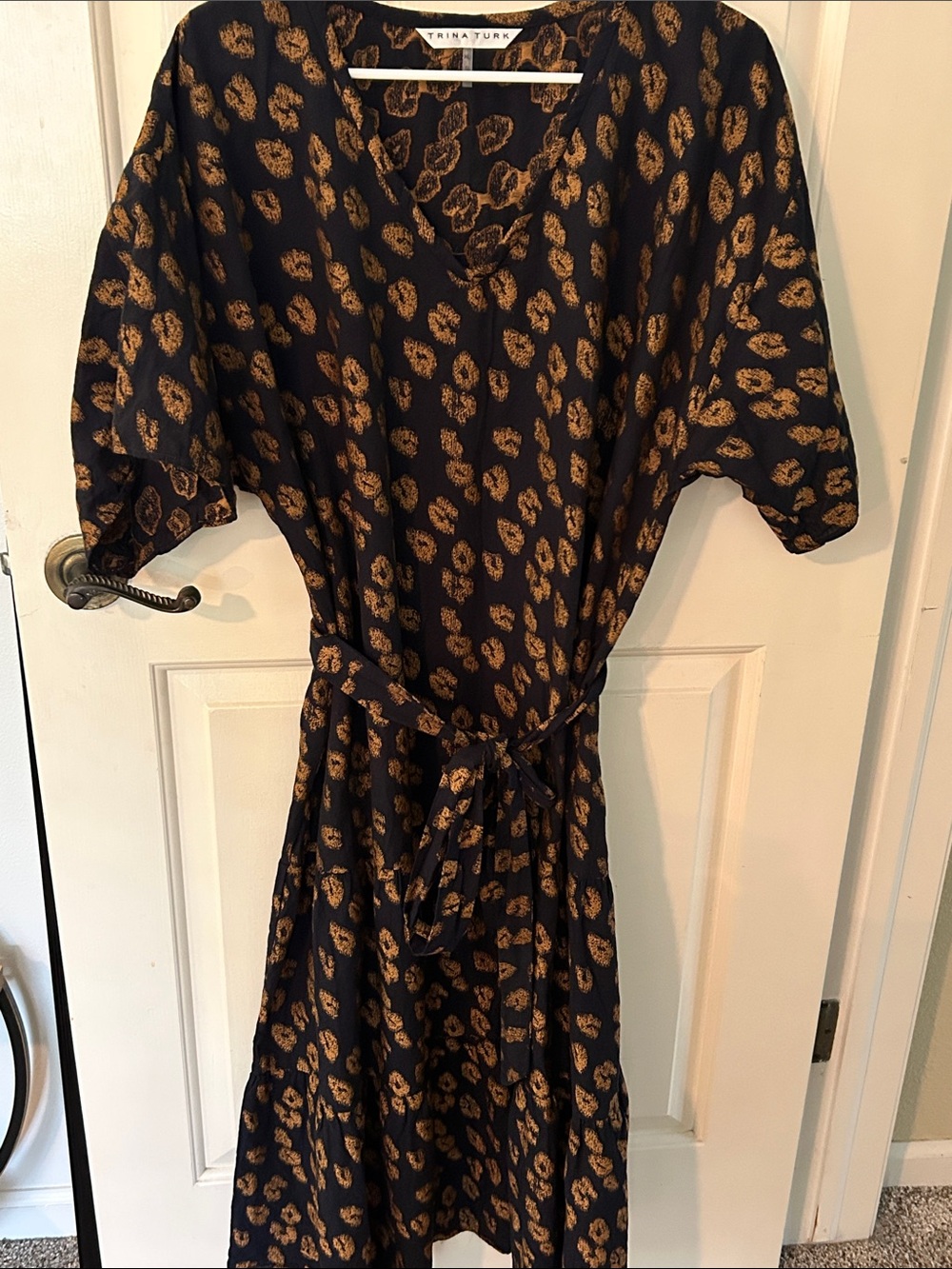 Trina Turk Navy and Gold Leopard-Print Midi Dress